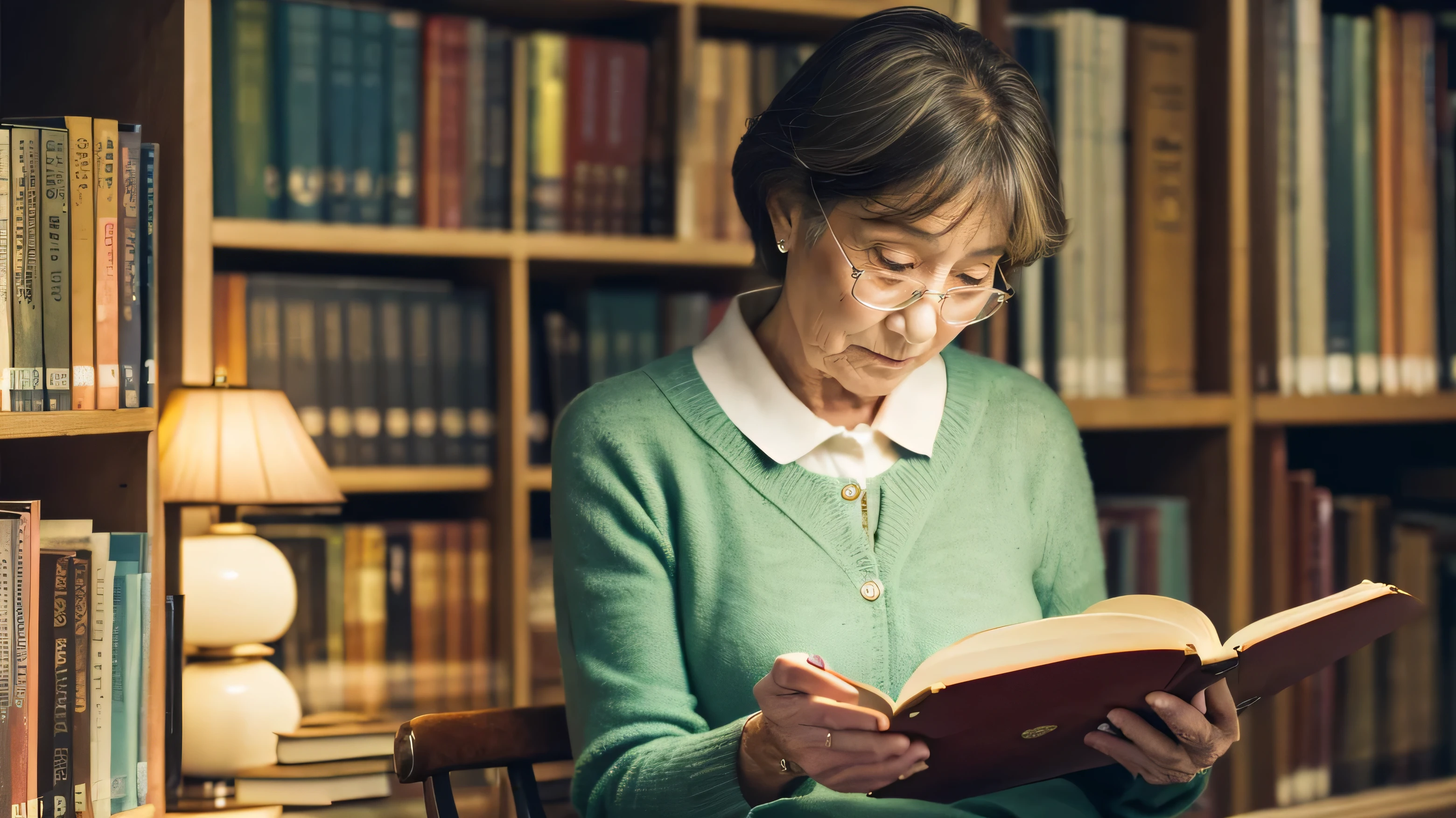 library、(((A serious 60-year-old woman reading a book)))、Many books、Gentle light、High resolution、High resolution、