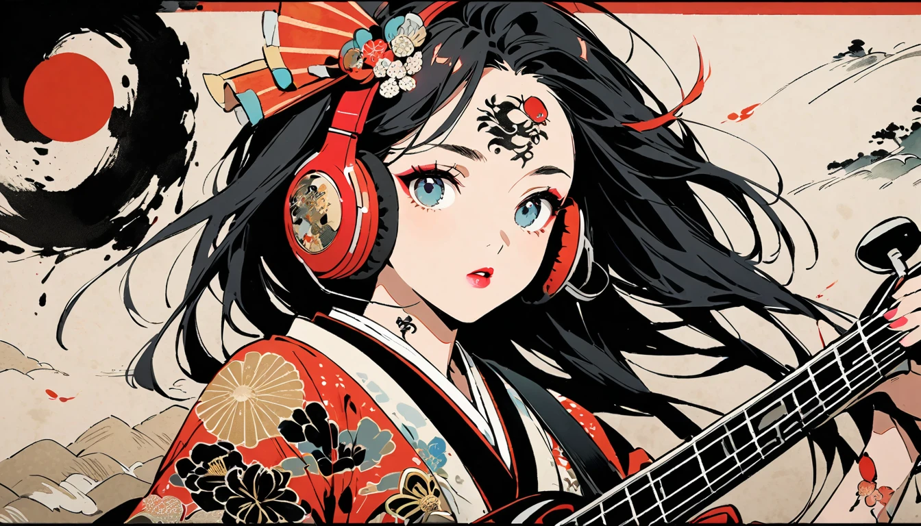 (((Ink Painting))), Fashion portrait color photos, (((1 girl))), (((Playing electric bass))), (((Tattoo in the center of the forehead))), (((Very flashy hair accessories))), (((Very flashy makeup))), Japanese style headphones, front view, Japan人の美少女, Black Hair, Delicate and precise, Modern ukiyo-e style,Japan, Droopy eyes, round face, Fuller lips, vivid color