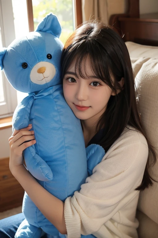 hugging a stuffed toy