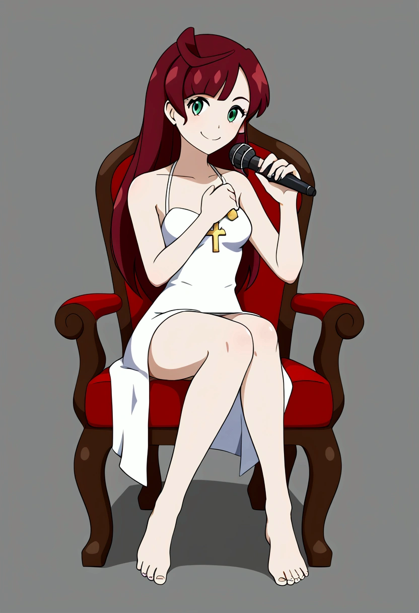 (Perfect face)), Hair,long hair,1 female,singer，skirt，barefoot,((simple light background)),((Smile)),((whole body)),((whole body)),Portraits,List of roles,sit on the chair,Cross your legs，Slightly raised sole