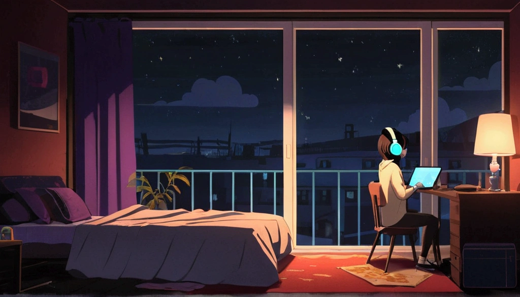 night、Girl listening to music in a cozy room, Using headphones, 2D-style animation, Lo-Fi, hard disk, Dark Environment