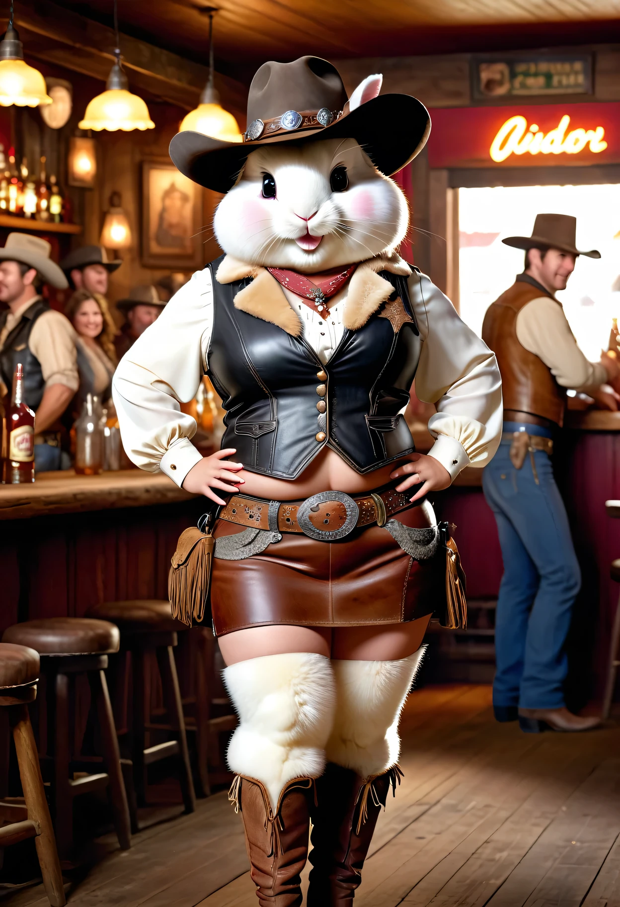 photorealistic portrait of ((Dressed animals)) - a ((fat)) (angora rabbit) cowgirl, (furry),(full body image:2.0),(elegant pose:1.5) Wearing cowboy clothes and hat,(wearing leather short skirt and vest),(hands on hips:1.5),(happy),(smile:1.5), Old-fashioned cowboy hat, in western movie bar background, , western style bar background,(looking at viewer:1.5),score_9, score_8_up, score_7_up, score_6_up, score_5_up, score_4_up,