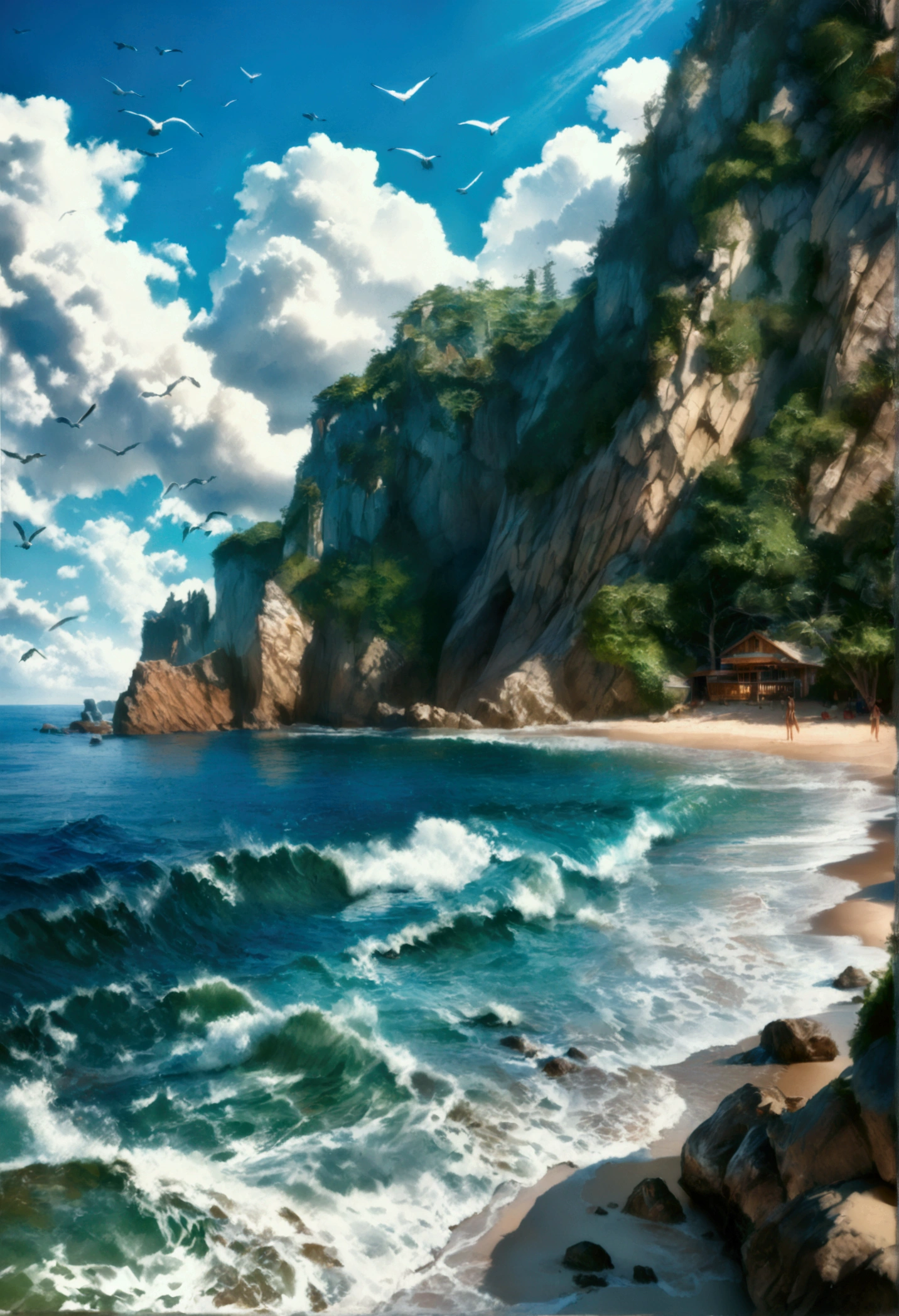 a beautiful serene ocean landscape, a calm sea under a bright blue sky with fluffy white clouds, golden sun reflecting on the water, lush green foliage and trees along the shoreline, seabirds flying overhead, waves gently lapping at the sandy beach, picturesque seaside vista, photorealistic, (best quality,4k,8k,highres,masterpiece:1.2),ultra-detailed,(realistic,photorealistic,photo-realistic:1.37),landscape,nature,summer,green,sunlight,ocean,beach,seascape