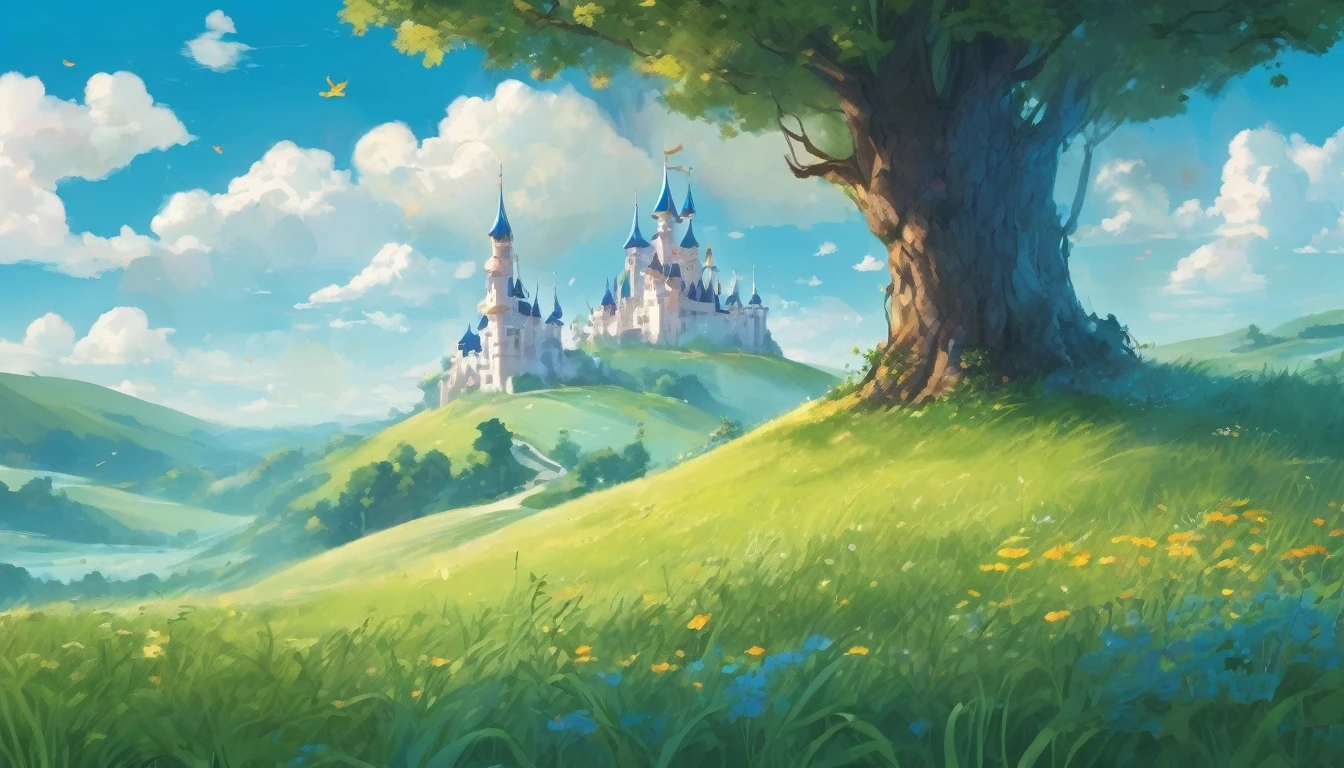 Illustration style，Grassland under blue sky and white clouds，Fairy tale prince and princess