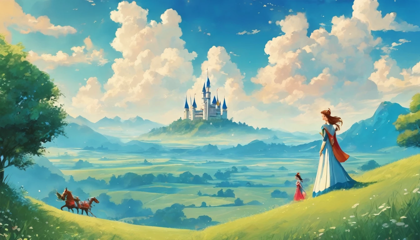 Illustration style，Grassland under blue sky and white clouds，Fairy tale prince and princess