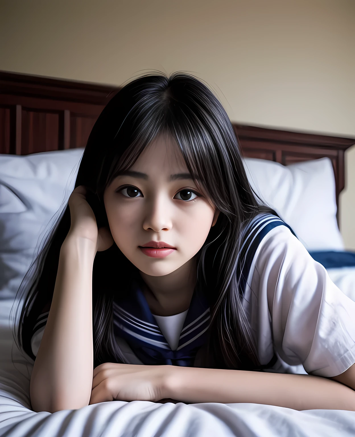 1girl, **** girl, sailor uniform, lying on bed, beautiful detailed eyes, beautiful detailed lips, extremely detailed face, delicate facial features, porcelain skin, long eyelashes, tidy hair, indoor setting, bed, pillows, soft lighting, pastel color palette, serene expression, cinematic lighting, elegant composition, masterpiece, photorealistic, 8k, high quality