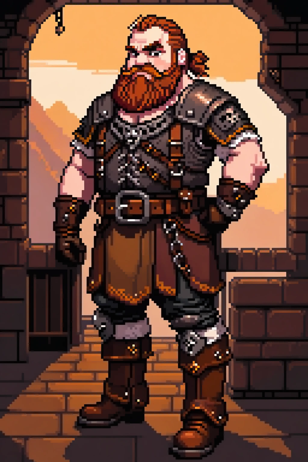 (Pixel art: 1.2), 1 big fat man, 36 years old, Warhammer style dwarf with copper hair and beard, white skin, a scar over his right eye, dark brown eyes, thick eyebrows, wearing a medieval heavy iron chestplate with a brown cuirass underneath, a dark brown leather belt, leather sleeves with straps and gloves covering his forearms, heavy iron brown boots with high leather ornamented tops, heavy leather pants, heavy iron leg and knee guards, brown cloth ornaments on his attire, side view, visible lips and nose, Black background, angry and bad expression.