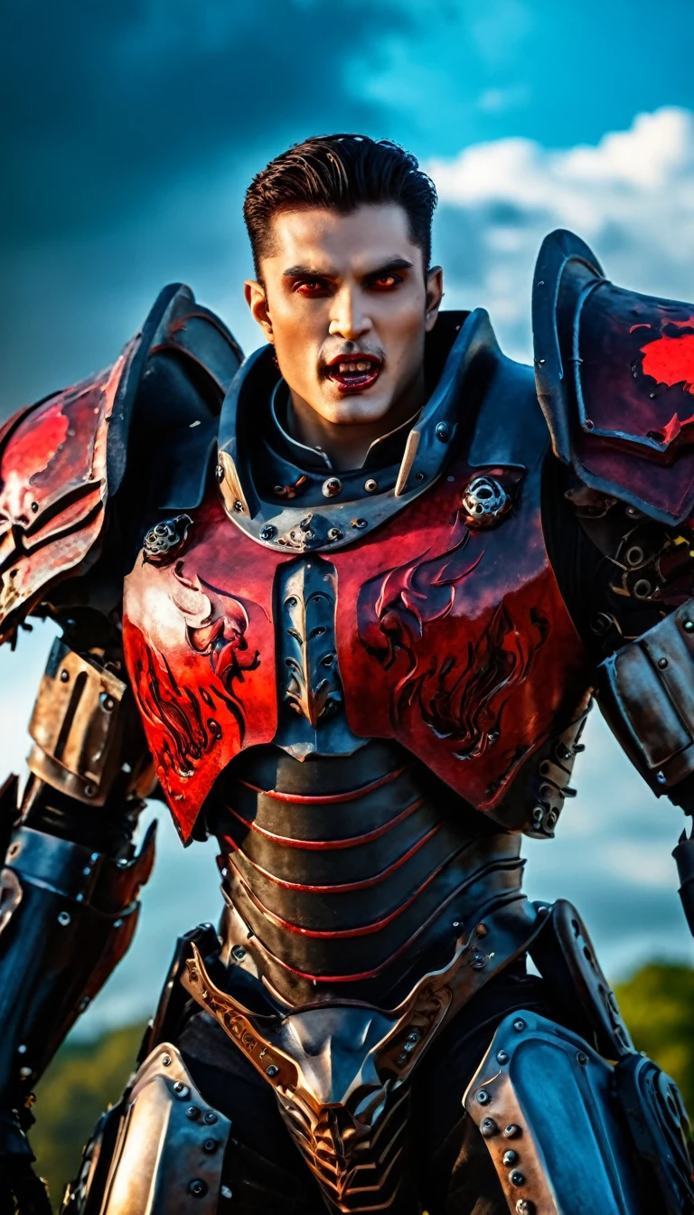 Close-up of a ((extremely handsome vampire warior)) , half human, half beast. Their eyes are filled with hapiness and longing. The background is a trail of blood and violence. He wears a mechanized robot armor, carved with animal elements, human skulls. The sky is filled with swirling, fiery clouds. The photo conveys a strong sense of the warrior's appearance. Photo taken with Canon EOS R5 85mm f/11 Camera, ((sharp)) mode of people and surrounding scenery. Image quality ((8K)), ((lifelike)), ((masterpiece)), ((sharp and highest contrast)), ((great depth of field)), ((light stereolithography)).