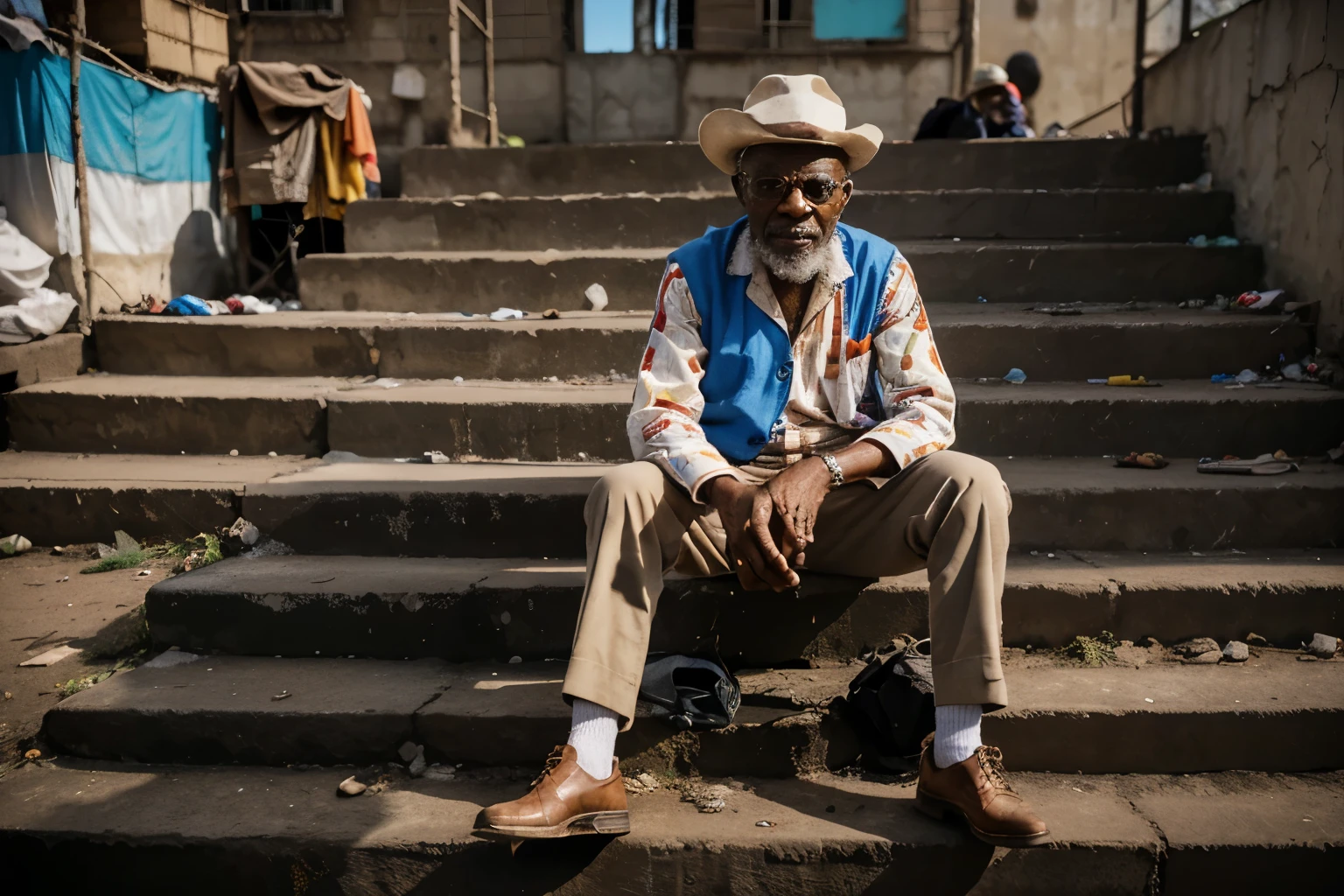 a vibrant and striking scene featuring an elderly Sapeur in Congo sitting on a chair and striking a pose for a photograph. The elderly man should be dressed in a bright, eye-catching suit with bold colors and unique patterns, and wearing stylish glasses. The background should depict a bustling slum area in Congo, with dusty dirt roads and makeshift homes. Include a crowd of people observing and admiring him. The contrast between the elderly man's sophisticated and standout attire and the humble, rough surroundings should highlight his confidence, unique sense of style, and the enduring spirit of the Sapeur amidst adversity ,35mm lens, Extreme close-up, depth of field cinematography effect, 8k resolution, high quality, ultra detail