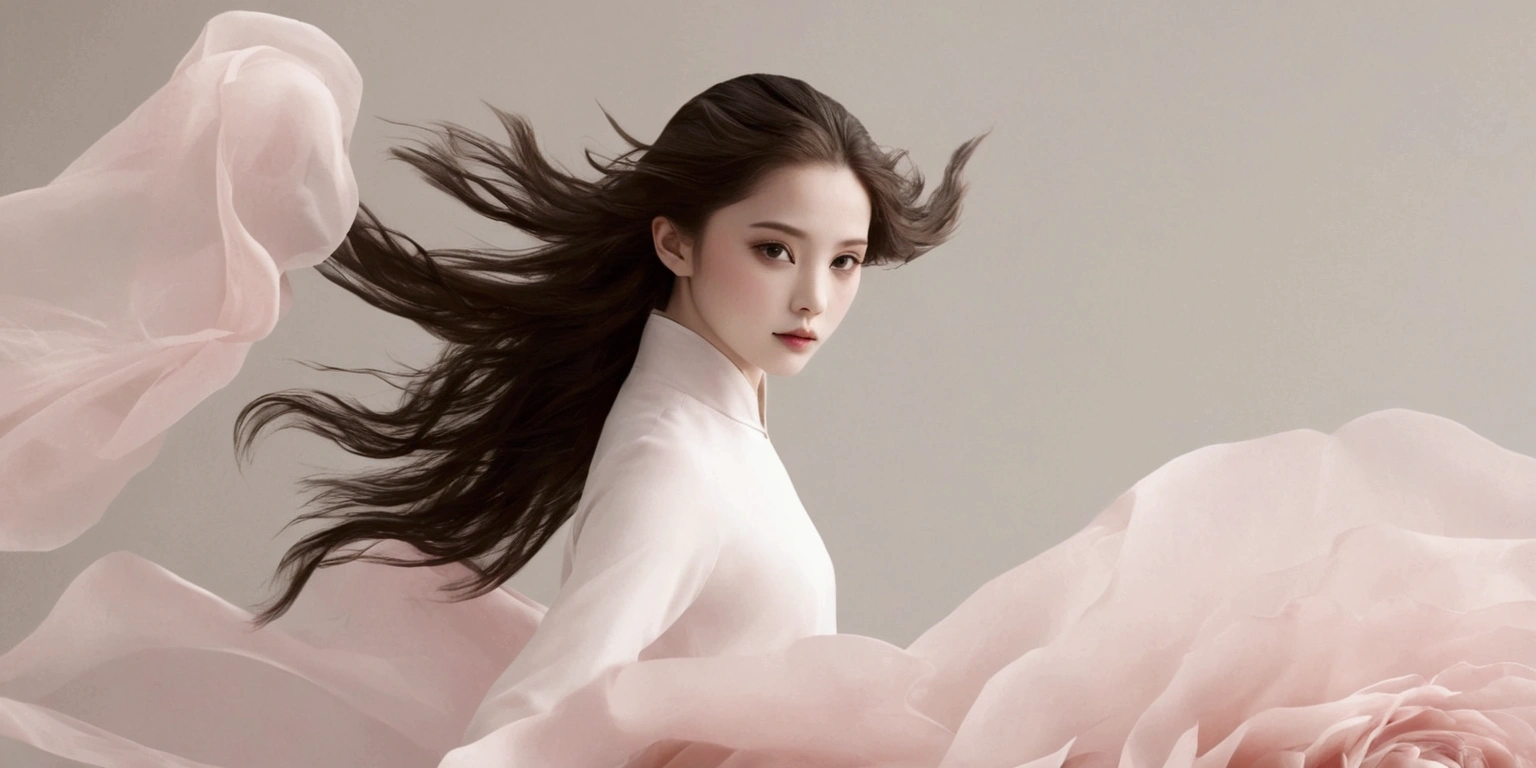 Exquisite dance photography；A ，Solitary；A dancing little girl body像；[Black Eyeball，confidence，High and cold，happy]；[Long skirt elegant style，Long sleeve；Set，Light pink and white gradient，Traditional style，The skirt has no pattern，The hem of the long skirt is like petals covering the background,Petal pattern，The background is petals and skirt,]；[Chinese dance]，[[[whole body，Panorama 1.1]]]，Frontal portrait of the character；Composition：The character is on the right side of the frame；Long hair in the wind,advanced sense,Fashion, Still photography, Loop video, Fascinating movement, captivating visuals, Seamless integration, Compelling storytelling, Vortex phenomenon, Angled form, Dynamic Movement, Bold Geometric Shapes, Fragment shape, sharp contrast, Influence of modernism, nature, , modern Art, Astonishing, Unreal Background, Art from (Alessio Albi:1.1), Soft lighting, happy emotion，Extremely detailed；Art Photography；Blank Background；