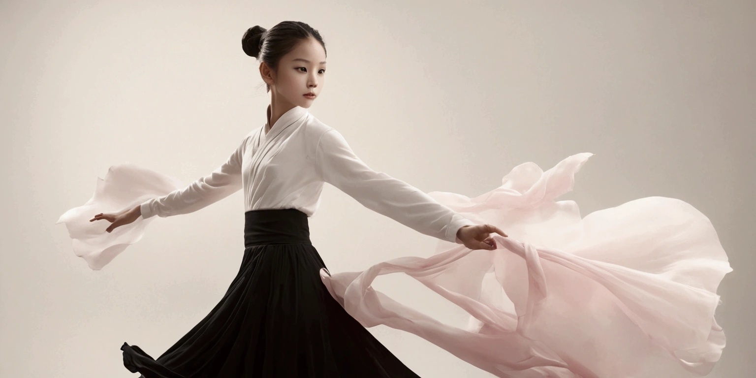 Exquisite dance photography；A little girl，Solitary；A dancing little girl，whole body像；[Black Eyeball，confidence，High and cold，happy]；[Long skirt elegant style，Long sleeve；Set，Light pink and white gradient，Traditional style，The skirt has no pattern，The hem of the long skirt is like petals covering the background,Petal pattern，The background is petals and skirt,]；[Chinese dance]，[[[whole body，Panorama 1.1]]]，Frontal portrait of the character；Composition：The character is on the right side of the frame；Long hair in the wind,advanced sense,Fashion, Still photography, Loop video, Fascinating movement, captivating visuals, Seamless integration, Compelling storytelling, Vortex phenomenon, Angled form, Dynamic Movement, Bold Geometric Shapes, Fragment shape, sharp contrast, Influence of modernism, nature, , modern Art, Astonishing, Unreal Background, Art from (Alessio Albi:1.1), Soft lighting, happy emotion，Extremely detailed；Art Photography；Blank Background；