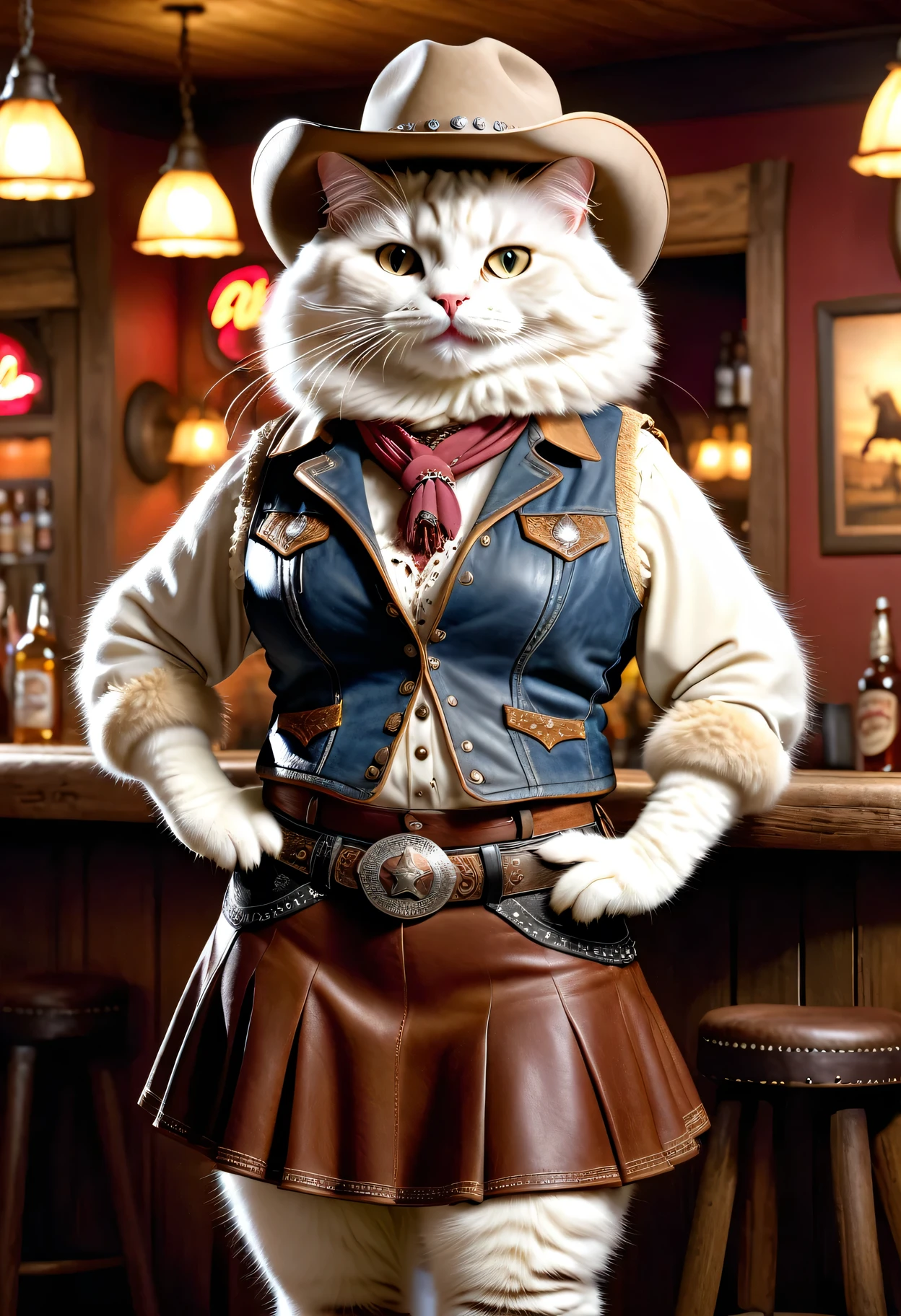 photorealistic portrait of ((Dressed animals)) - a ((fat)) (angora cat) cowgirl, (furry),(full body image:2.0),(elegant pose:1.5) Wearing cowboy clothes and hat,(wearing leather short skirt and vest),(hands on hips:1.5),(happy),(smile:1.5), Old-fashioned cowboy hat, in western movie bar background, , western style bar background,(looking at viewer:1.5),score_9, score_8_up, score_7_up, score_6_up, score_5_up, score_4_up,