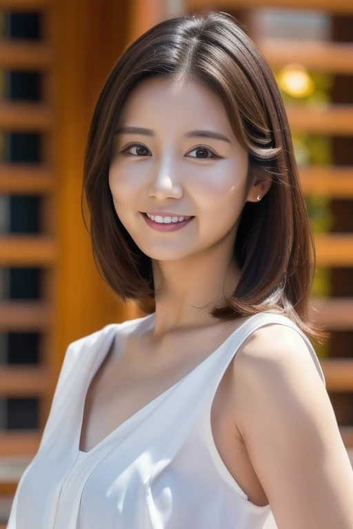 One Girl,(Wear a V-neck sleeveless top),( Sheer blouse),(RAW Photos, Highest quality), (Realistic, photo-Realistic:1.4), masterpiece, Very delicate and beautiful, Very detailed, 2k wallpaper, wonderful, In detail, Very detailed CG unity 8k wallpaper, Very detailed, High resolution, Soft Light, Beautiful detailed girl, Very detailed eyes and face, Beautiful and detailed nose, Beautiful attention to detail,Cinema Lighting,Clear blue sky,coastline,The cape is visible in the distance,Perfect Anatomy,Slender body,smile