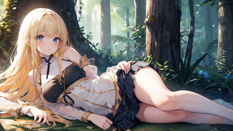 super high quality, Super detailed, Ultra-clear, forest, one person, long blonde hair, sleep, Swimsuit, Clothes with intricate and colorful details, mini skirt, Stockings