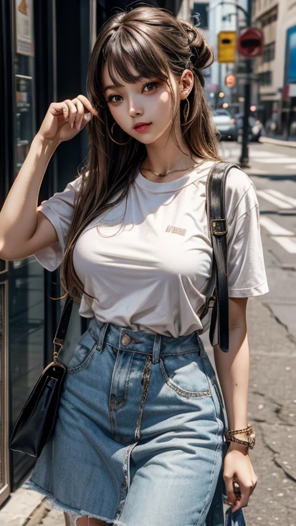 solo , 1girl , American girl , shirt hiphop styes , big breast , skirt hiphop styes