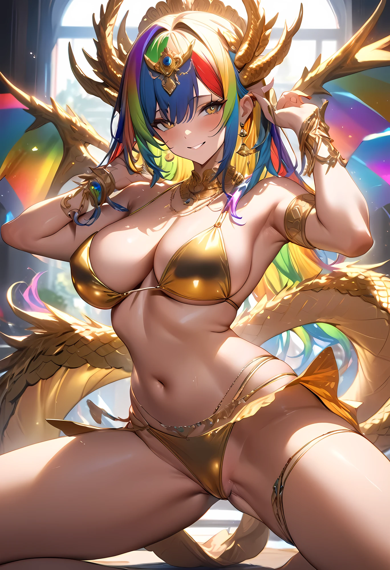 NSFW,((masterpiece,Highest quality)), Gal,Perfect hands,Perfect Legs,Rainbow Hair,smile,Large Breasts,detailed,Golden Bikini,Gold Bikini,golden,Dancer,goddess,Rainbow,dragon,