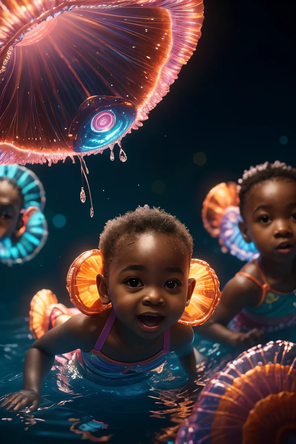 This prompt describes a captivating close-up image of joyful black babies, elegantly dressed in vibrant and bright neon clothing, playfully sitting atop gigantic, illuminated jellyfish drifting through the vastness of outer space. The scene is further accentuated by the breathtaking backdrop of lively, neon-lit coral reefs that pulse with color and movement, their edges gently kissed by the sparkling ripples of the water. The image is bathed in a soft, piercing light, creating a mesmerizing and vibrant glow that illuminates the entire scene, making it truly cinematic. The exquisite detail and hyper-realistic quality of the