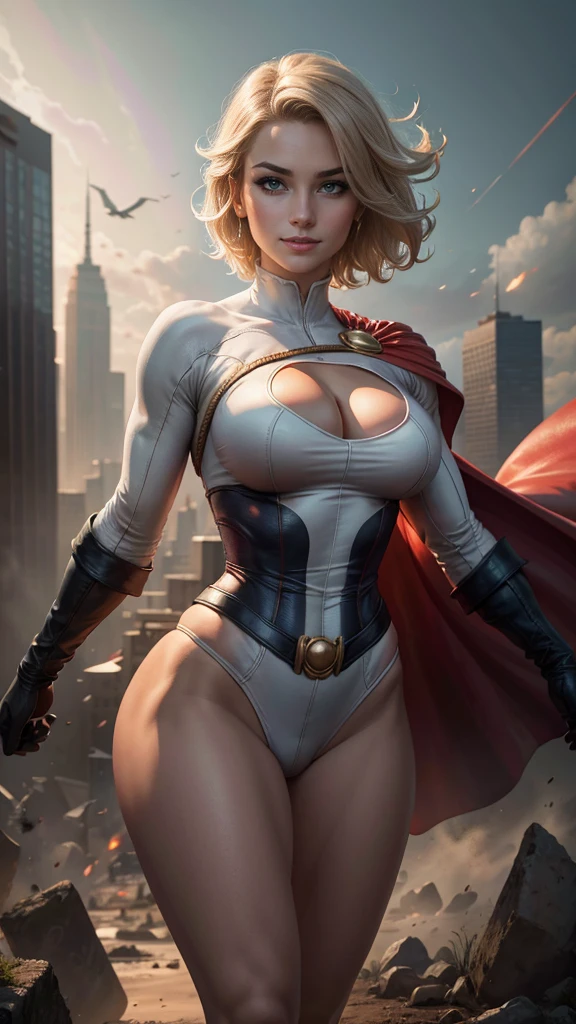 Power Girl da DC Comics,(best qualityer,4K,8k,high resolution,work of art:1.2)(weather: windy),battle ruins,Gotham,short hair,ultra detailed,realisitic,portraite,beautiful detailed blue eyes,beautiful detailed lips,extremely detailed eye and face, long eyelashes,sexly,average,large breasts,cleavage,flying hair,gloves,beaming smile,powerful girl in a battle,combat pose,stunning curves,bright coloured,dramatic lighting,battle background,composition,red cape,
