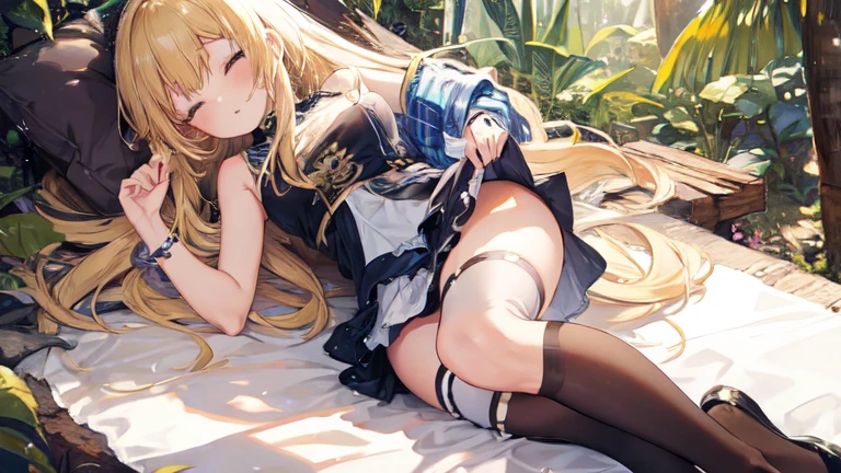 super high quality, Super detailed, Ultra-clear, forest, one person, long blonde hair, sleep, Swimsuit, Clothes with intricate and colorful details, mini skirt, Stockings