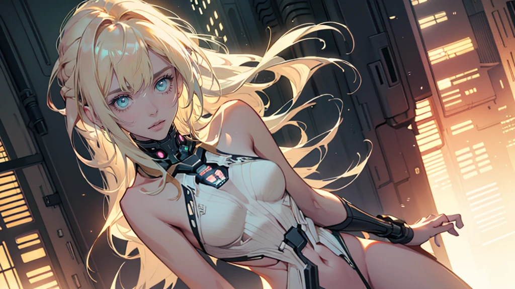 Beautiful woman, extremely long hair, blonde hair, green eyes, (masterpiece:1.3), (best quality:1.3), high-resolution, watercolor pencil, Body facing forward, (upright:1.3), (arms at sides:1.3), solo, beautiful detailed eyes, Futuristic thong clothing, (full nude:1.5), (cyber punk midnight city background:1.2), concept art, shadow lighting, beautiful detailed glow, best illuminate, (((best quality, textile shading, ultra detailed))), extremely detailed CG unity 8k wallpaper, Highly Detailed beautiful and aesthetic, best light, dynamic lighting, 1Character, pastel washed out colors, cell shade, soft, muted shades, gentle colors,