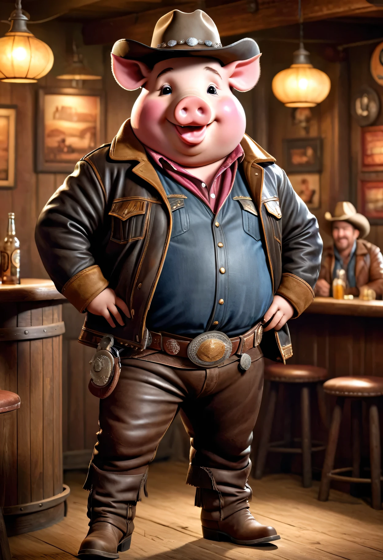 photorealistic portrait of Dressed animals - a ((fat)) (pig) cowboy, (furry),(full body image:2.0),(brave pose:1.5) Wearing cowboy clothes and hat,(wearing leather pants and jacket),(hands on hips:1.5),(happy),(smile:1.5), Old-fashioned cowboy fashion, in western movie bar background, , western style bar  background,(looking at viewer:1.5),score_9, score_8_up, score_7_up, score_6_up, score_5_up, score_4_up,