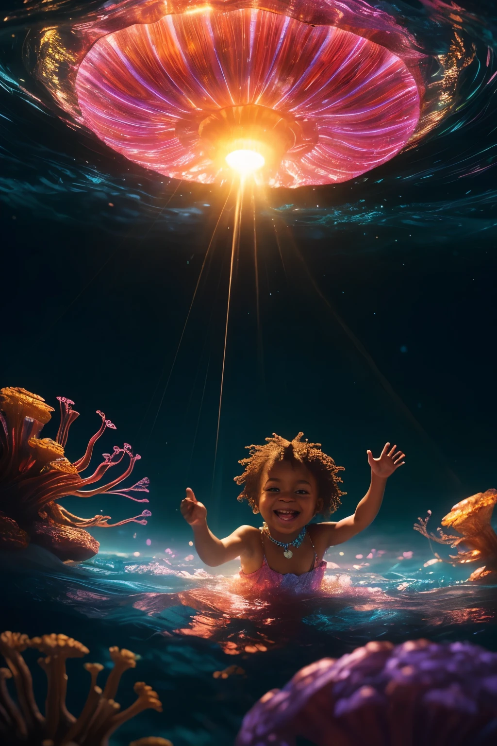This prompt describes a captivating close-up image of joyful black babies, elegantly dressed in vibrant and bright neon clothing, playfully sitting atop gigantic, illuminated jellyfish drifting through the vastness of outer space. The scene is further accentuated by the breathtaking backdrop of lively, neon-lit coral reefs that pulse with color and movement, their edges gently kissed by the sparkling ripples of the water. The image is bathed in a soft, piercing light, creating a mesmerizing and vibrant glow that illuminates the entire scene, making it truly cinematic. The exquisite detail and hyper-realistic quality of the