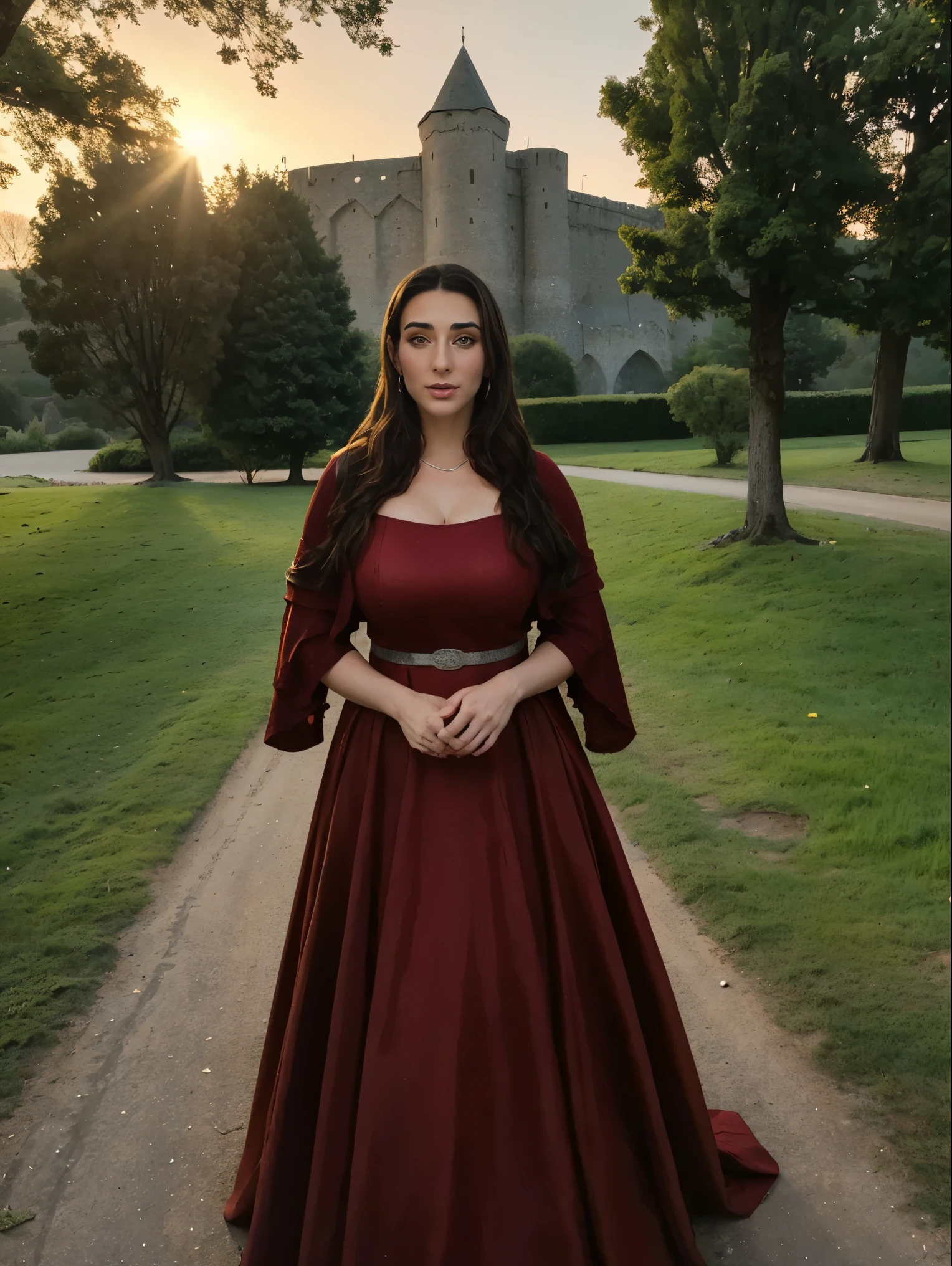 Gorgeous and sultry busty athletic (thin) brunette queen with sharp facial features wearing a modest updo, dark red medieval dress, long sleeves, intricate patterns, wide neck, crown, veil, long dress, modest dress, tight bodice, silver belt, (waist chain), medieval jewelry, Middle Ages, castle, rampart, wall, exterior, on top of a castle wall, trees, countryside, evening, sunset.