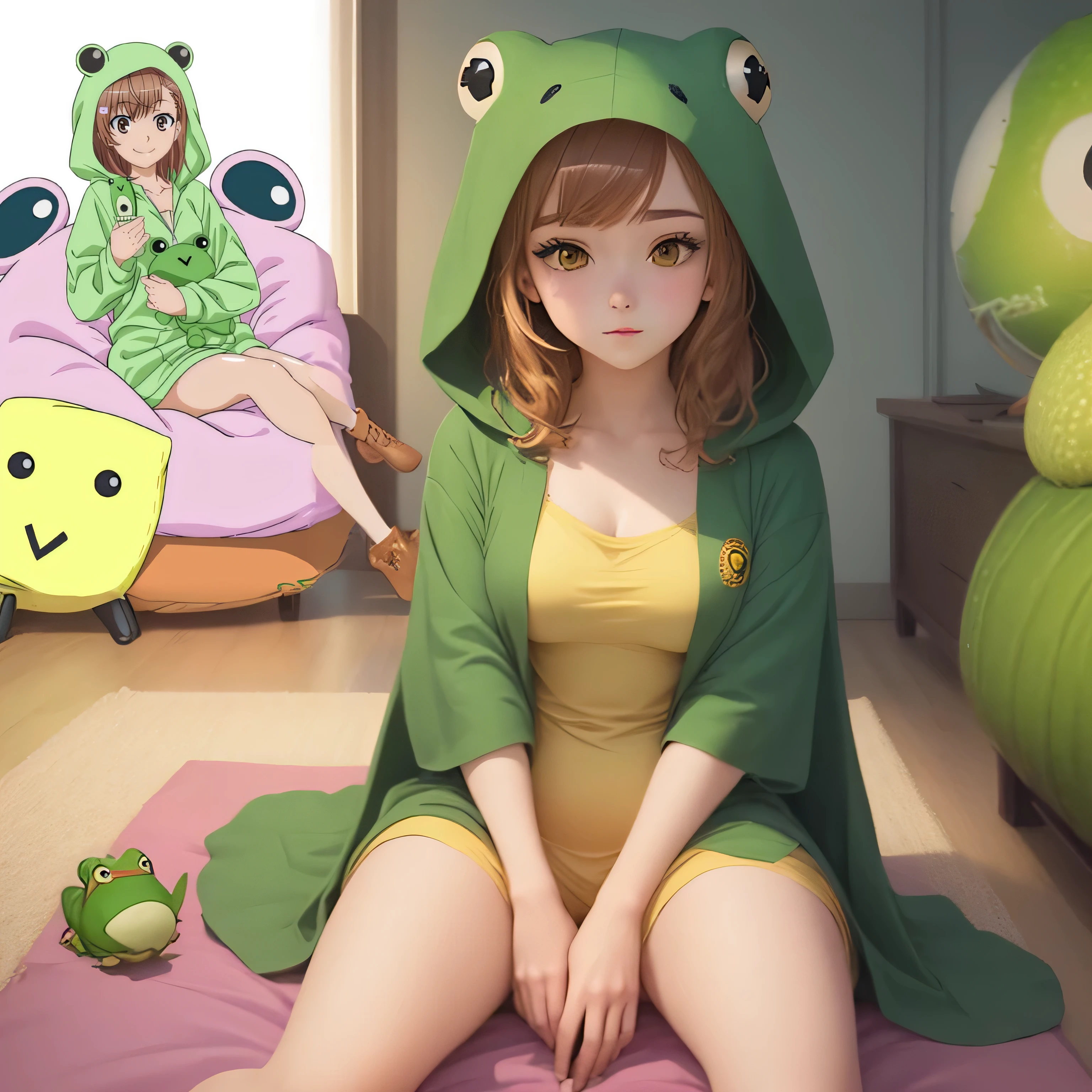 Wearing a frog costume、Anime girl sitting on a cushioned bean bag, With a cute toad, wataru kajika, On pixiv, Sitting on the bed, Takano Aya color style, Official Fan Art, Chihiro! fujisaki, Anime Monster Girl, umamusume, Green Robe, Emma Watson as an avocado chair, I also make fan art