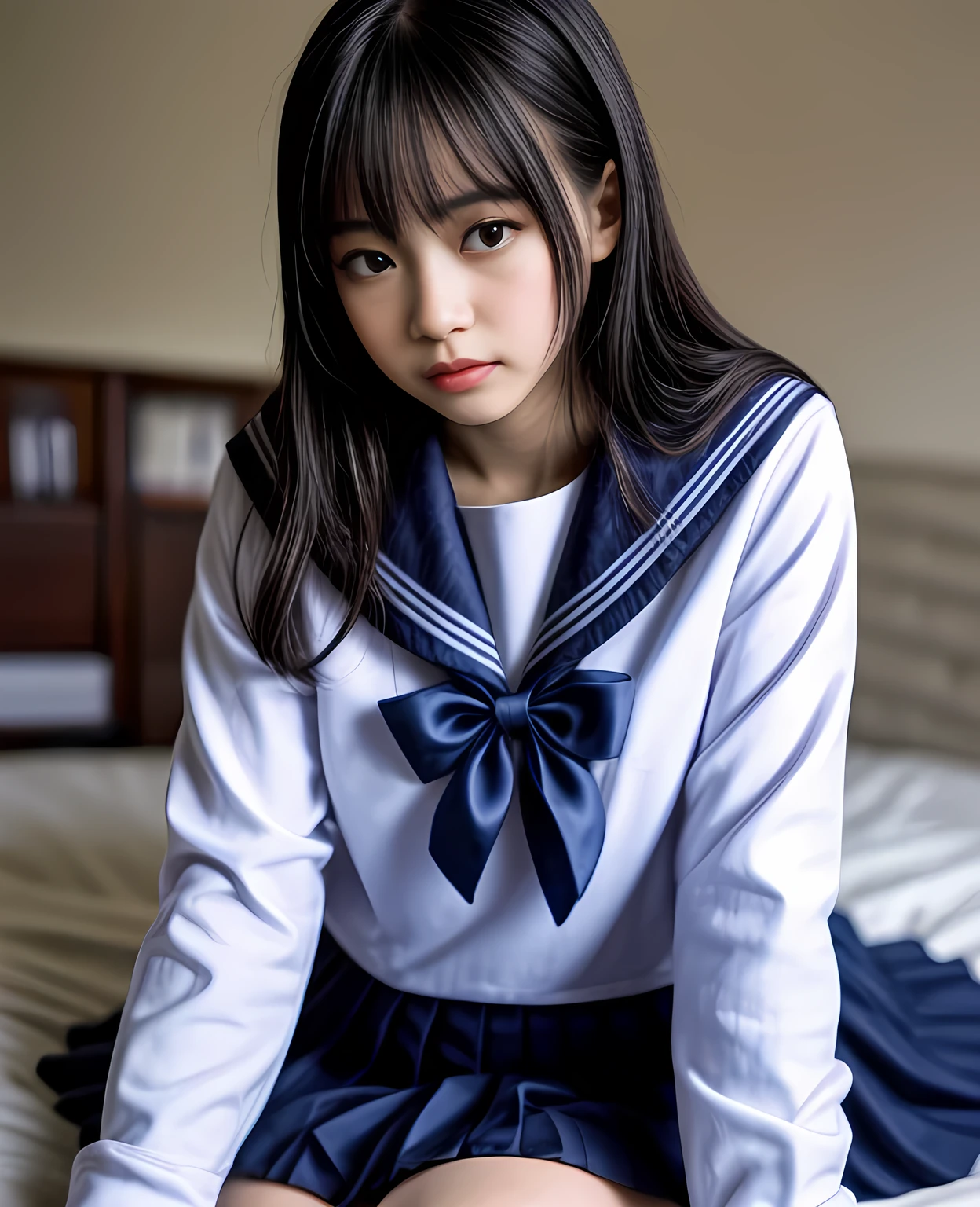 1girl, **** girl, sailor uniform, lying on bed, detailed face, beautiful detailed eyes, beautiful detailed lips, extremely detailed portrait, photorealistic, cinematic lighting, intricate folds in clothing, soft fabric, realistic textures, warm color palette, dramatic shadows, depth of field, high resolution