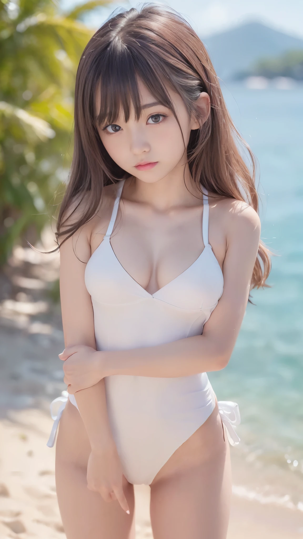 (A photo of one person on a beautiful beach), ((A beautiful girl dressed in a school-issued swimsuit:1.4)), (8k, RAW Photos, Highest quality, masterpiece:1.2), Looking at the audience, Viewed from the front, Beautiful white skin, knees, Absurd face is small, Part your bangs down the middle, The forehead is visible, Glare, ((Cute mischievous expression:1.3)), Ultra-high resolution, ((Slender body line)), (Outstanding proportions), high school girl, (Idolフェイス, ), Japanese women, Are standing, (Photorealistic:1.37), Photon Mapping, Realistic, Cute and small face, Brown eyes, prospect, Written boundary depth, Blurred Background, (I can see the bangs), (Silky smooth straight hair:1.3), (Firm stomach:1.3), (Beautiful and slim thighs:1.4), (Small beautiful butt:1.2), (Curved waist), Nogizaka idol, Idol, (Detailed hands:1.3, Delicate fingertips:1.3, Precise handcraft with attention to detail:1.4, Beautiful little hands of a girl:1.3), ((Firm and beautiful breasts:1.3)), Super quality, Low people, (Clear white skin, Skin with visible pores:1.2), (Focus on the face), (Perfect Anatomy:1.4), (Detailed eyes and face:1.3, Professional photography techniques), (Detailed arms and legs:1.4), (View the viewer, blush:1.3), ((Cute pose:1.2)), (I can&#39;t see my hands:1.3)