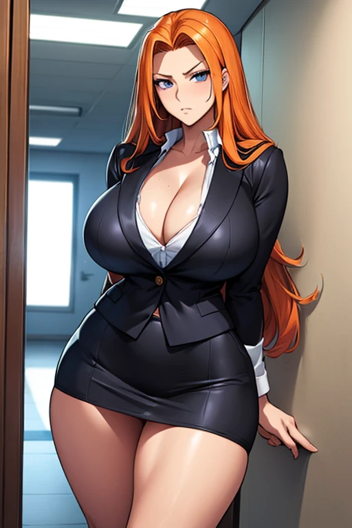 Super-detailed, 8k HD, Rangiku Matsumoto, 1 girl, solo, long orange hair, slender hips, thick thighs, huge and droopy breast, huge round ass, black office suit and mini skirt, standing in the hallway, arm cross, serious face, looking at the viewer, view from the front