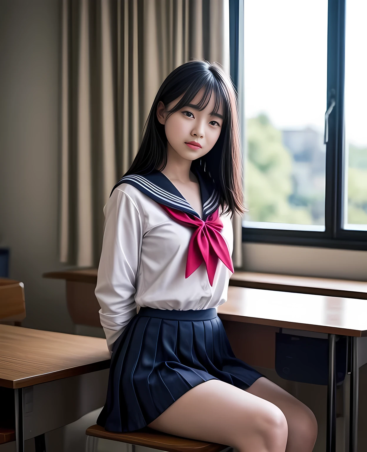 (masterpiece, 8k, best quality:1.2), sitting in the classroom, panty visible, 1girl, 18 years old, sailor uniform, beautiful detailed eyes, beautiful detailed lips, extremely detailed face and features, long eyelashes, school interior, desk, chair, window, sunlight, realistic, photorealistic, vivid colors, cinematic lighting, warm tones, highly detailed