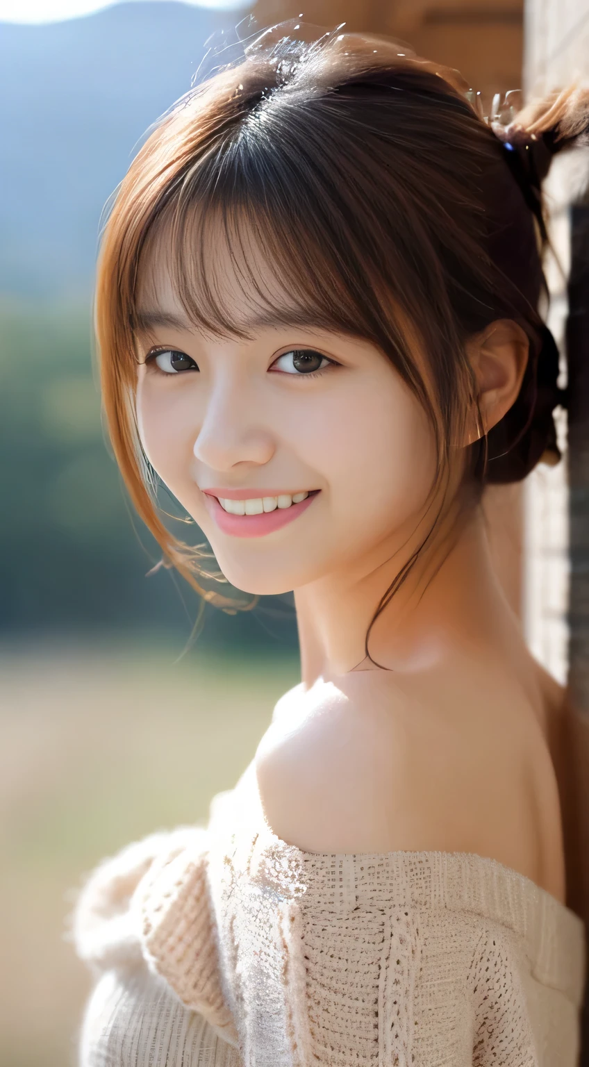 masterpiece,best quality,(Japanese girl),((Beautiful girl)),cleavage,(off shoulder:1.2),(perfect body beauty:1.2),(shy smile),beautiful teeth,From slightly above