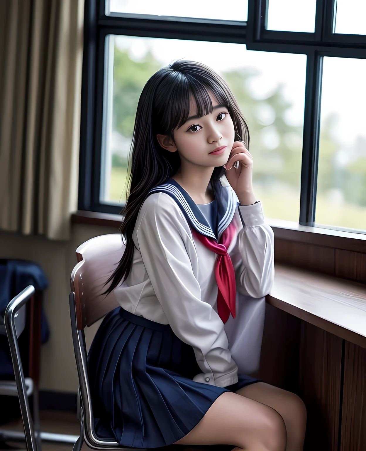 (masterpiece, 8k, best quality:1.2), sitting in the classroom, panty visible, 1girl, 18 years old, sailor uniform, beautiful detailed eyes, beautiful detailed lips, extremely detailed face and features, long eyelashes, school interior, desk, chair, window, sunlight, realistic, photorealistic, vivid colors, cinematic lighting, warm tones, highly detailed