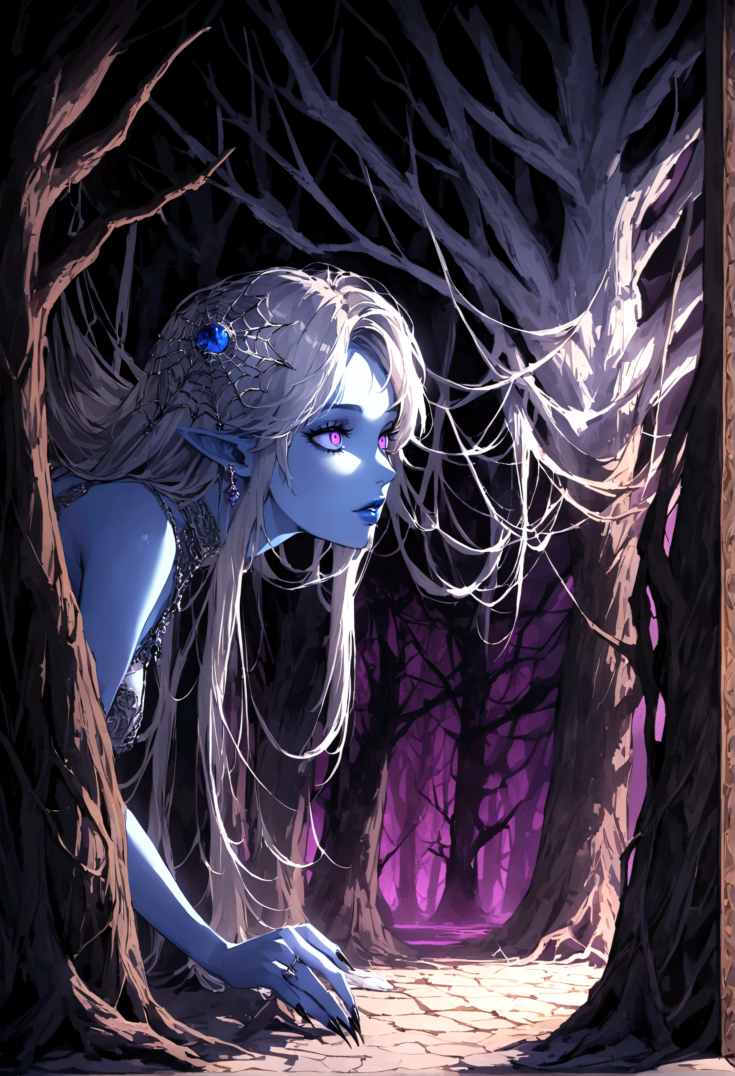 (Seductive nightmare)(Hyper realism)(Realistic fantasy)A moon elf greatly resembling Paris Hilton (age 25, psycho mouth full of jagged razor sharp teeth, long razor sharp finger nails, blue skin, violet eyes, silver hair, sheer spider silk lingerie(over exposed), silver body jewelry) is walking through a spider infested haunted woods, webs obscure the moon and carpet the ground. Immense webs and spiders in the tree tops.