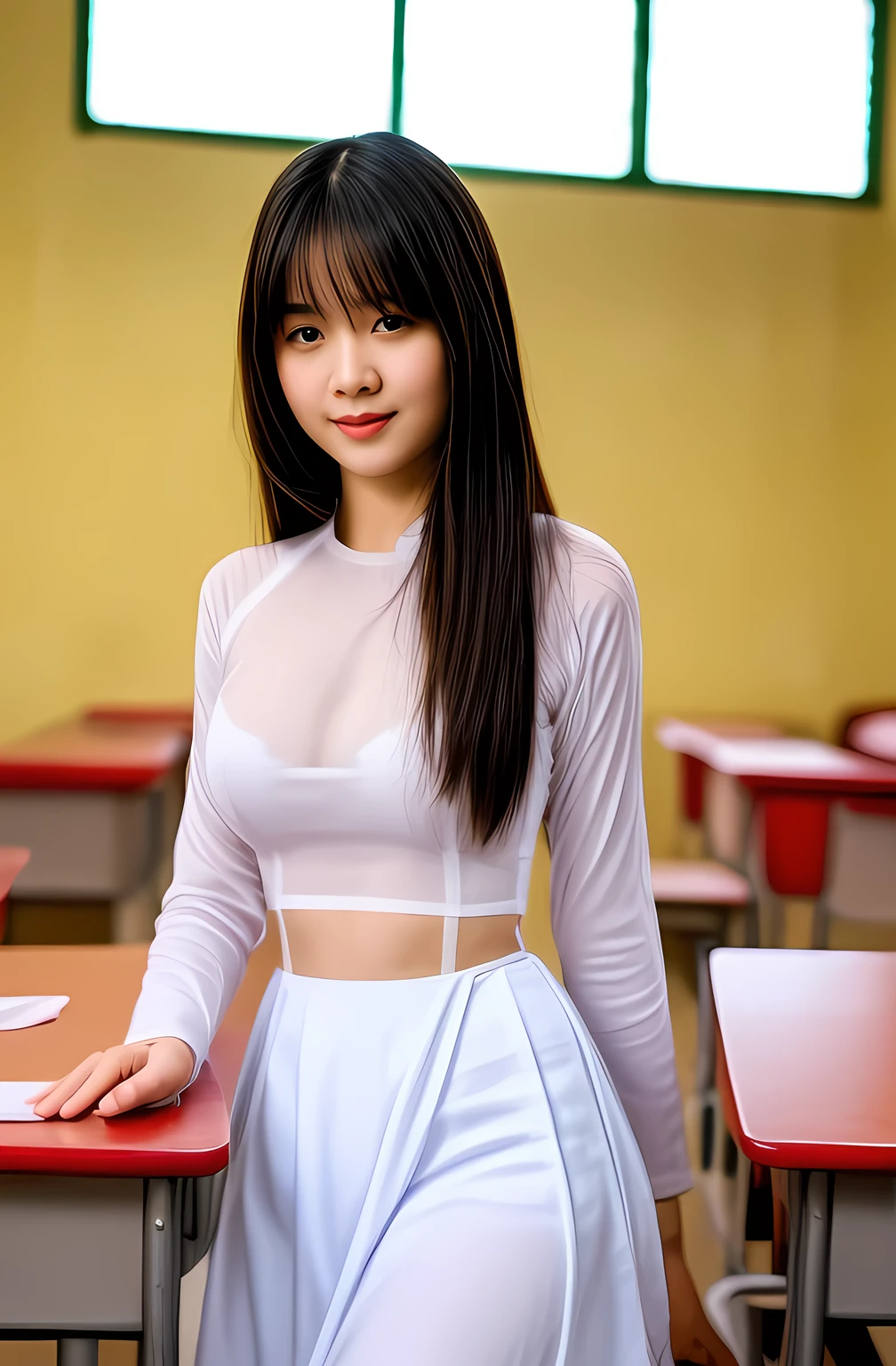 Raw photo , 1 girl  ,Wearing white traditional uniform, (panty bra transparent) , (( girl studying in the classroom)) , professional photographer, (hdr:1.4), masterpiece, ultra-realistic 8k, perfect artwork, intrincate details, cute face, award winning photograph, (Best quality, 8k, 32k, Masterpiece, UHD:1.3) ,