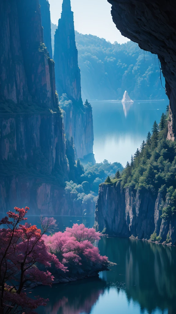 Photographs that capture the essence of a magical dream world. An epic cliff,Hanging over a beautiful lake, Surreal and vivid colors illuminate its reflection. The atmosphere is otherworldly, The soft night light casts a flowing shadow. The image creates a sense of depth and mystery, It's as if the audience is taken into another dimension., Create beautiful and memorable work. Shot with Canon EosIII Zeiss 120mm wide angle lens