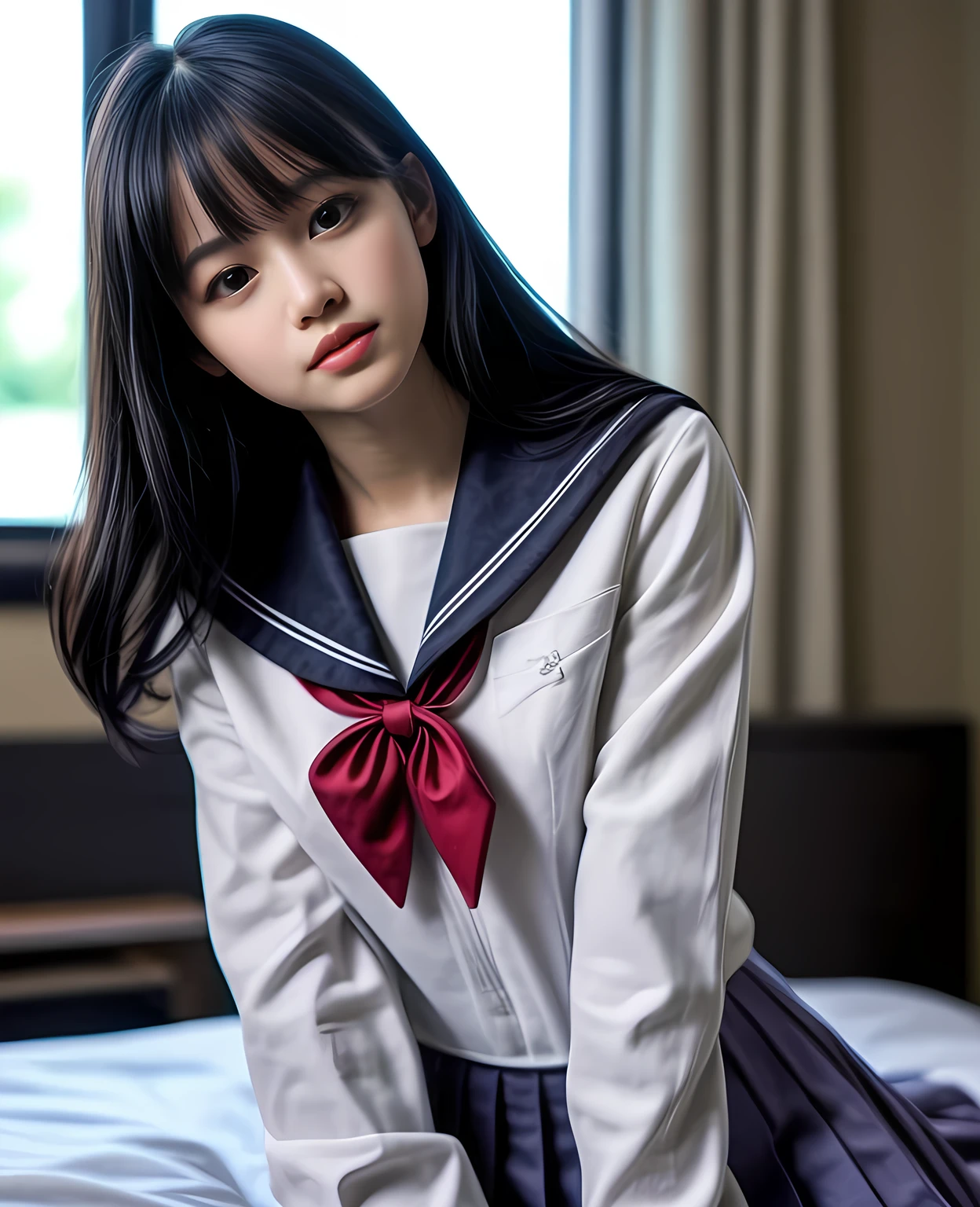 1girl, 15yo , sailor uniform, on the bed, detailed , realistic, photorealistic, highres, masterpiece, ultra-detailed, dramatic lighting, cinematic composition, beautiful detailed eyes, beautiful detailed lips, extremely detailed face, long eyelashes, intricate details, glowing skin, soft lighting, warm color palette, cinematic framing, professional photography