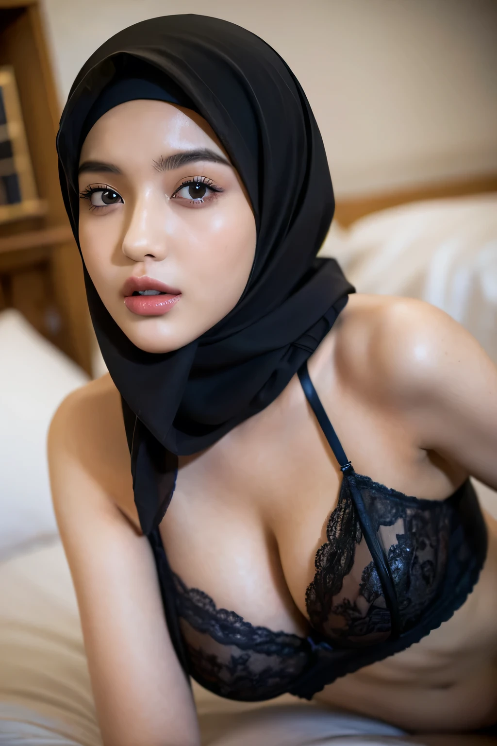 Beautiful hijabi girl, beautiful face, wearing sexy lingerie, lying on bed