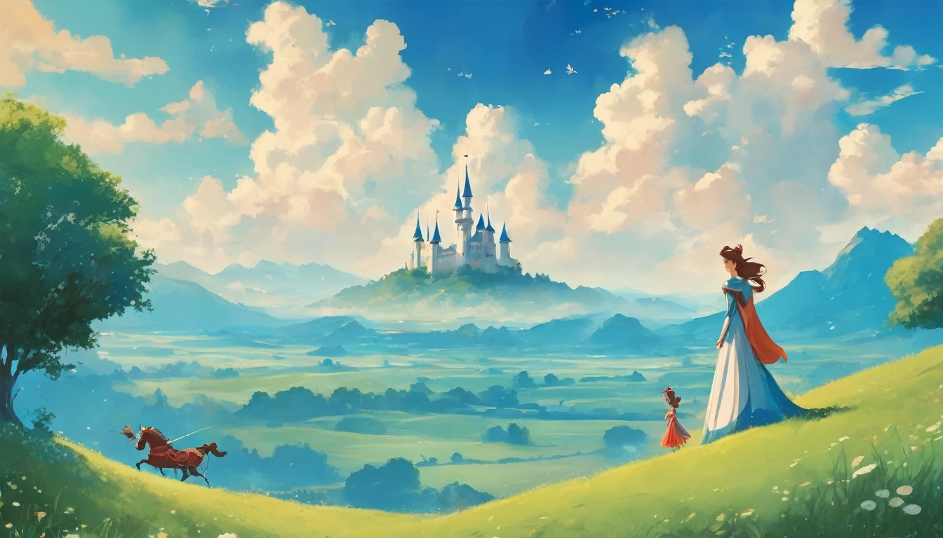Illustration style,Grassland under blue sky and white clouds,Fairy tale prince and princess