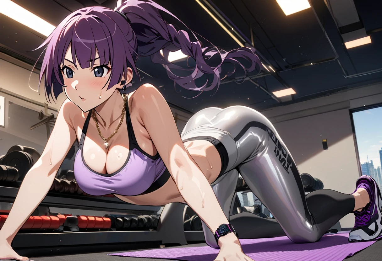 1girl, Senjougahara Hitagi, large breasts,monogatari (series), masterpiece, best quality, absurdres, bright natural lighting, sports luxury, summer theme, athletic pose,cleavage, high-end gym or sports facility, purple hair clothing:

High-end designer sports bra in metallic silver
Matching high-waisted leggings with mesh inserts
Oversized luxury brand hoodie in soft grey, worn off one shoulder
Limited edition designer sneakers in white with purple accents

髪型:

Purple hair styled in a sleek high ponytail
Subtle undercut design on one side
Thin braids incorporated into the ponytail

アクセサリー:

High-tech smart watch with a purple band
Wireless earbuds in metallic purple
Delicate gold chain necklace with a small diamond pendant
Minimalist gold ear cuffs

メイク:

naturals, "no-makeup" makeup look Subtle highlight on cheekbones Clear lip gloss Groomed eyebrows Pose and environment:

Dynamic stretching pose or holding a yoga position,performing a seated forward bend with her legs spread wide apart:1.5. Her upper body is folded forward, reaching towards her toes:1.5
High-end gym with state-of-the-art equipment in the background
Floor-to-ceiling windows with a city skyline view
Sleek, modern design elements in the space:

Designer water bottle with built-in fruit infuser
Luxurious yoga mat in deep purple
High-end sports bag from a luxury brand
Stylish sweat towel draped over shoulders