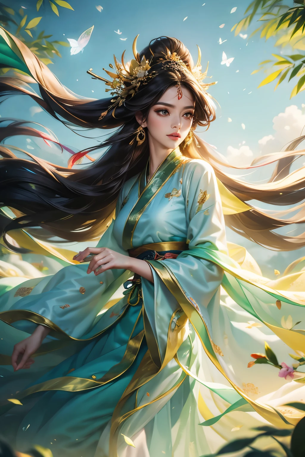 Front view and close-up image of an athereal woman, beautiful eyes, long lashes, long black hair, gorgeous colorful hanfu dress, floating in the air,  jewelries, cloths and hair blowing by the wind, bamboo leaves, cloud, butterflies, solf light, colorful shade, natural background, hi-quality, masterpiece, very delails, highly details, 