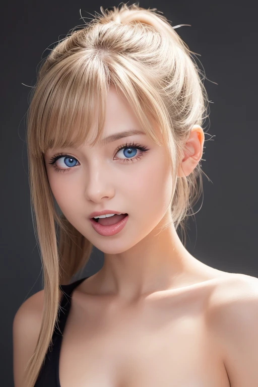 1girl, solo, long_hair, looking_at_viewer, open_mouth, bangs, blue_eyes, simple_background, original, bare_shoulders, collarbone, ponytail, white_hair, nude, tongue, teeth, tongue_out, hand_up, lips, head_tilt, petals, looking_to_the_side, eyelashes, upper_teeth, black_background, portrait, low_ponytail