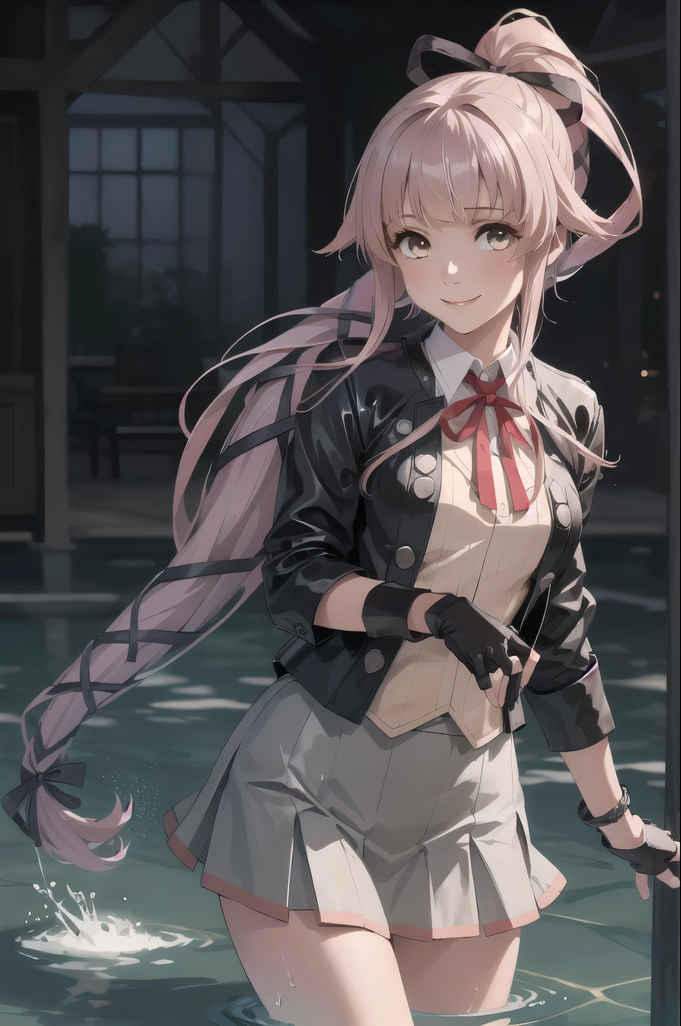 (masterpiece, Highest quality:1.2), alone, One girl, Yuradev, smile, View your viewers, Water Play, ponytail, Hair Ribbon, , Jacket, Seraphim, Neck ribbon, Black gloves, Partially fingerless gloves, Grey Skirt 