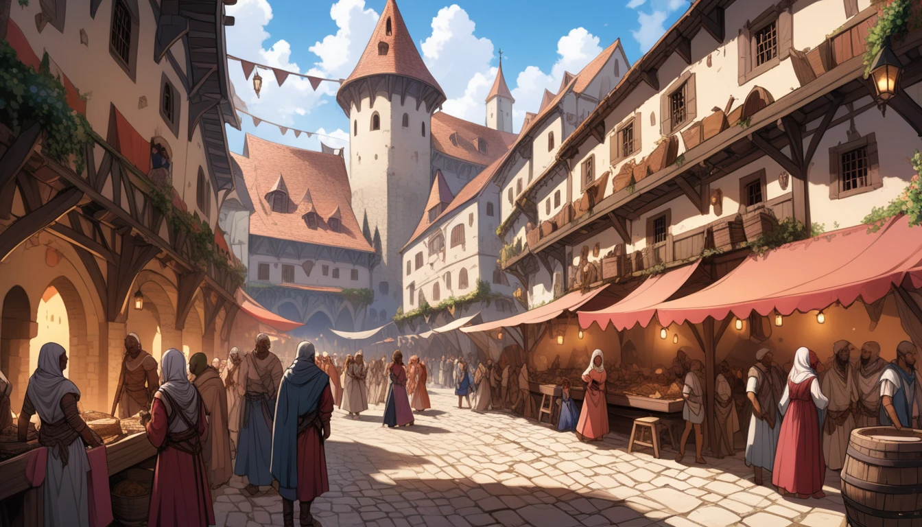 8K, RAW, best quality, masterpiece, ultra high res, colorful, (medium wide shot), (dynamic perspective), sharp focus, (depth of field, bokeh:1.3), ((masterpiece, best quality)), niji, concept art, realictic, anime,(fantasy, medieval, Europe, ((slave:1.35) market:1.2) background)