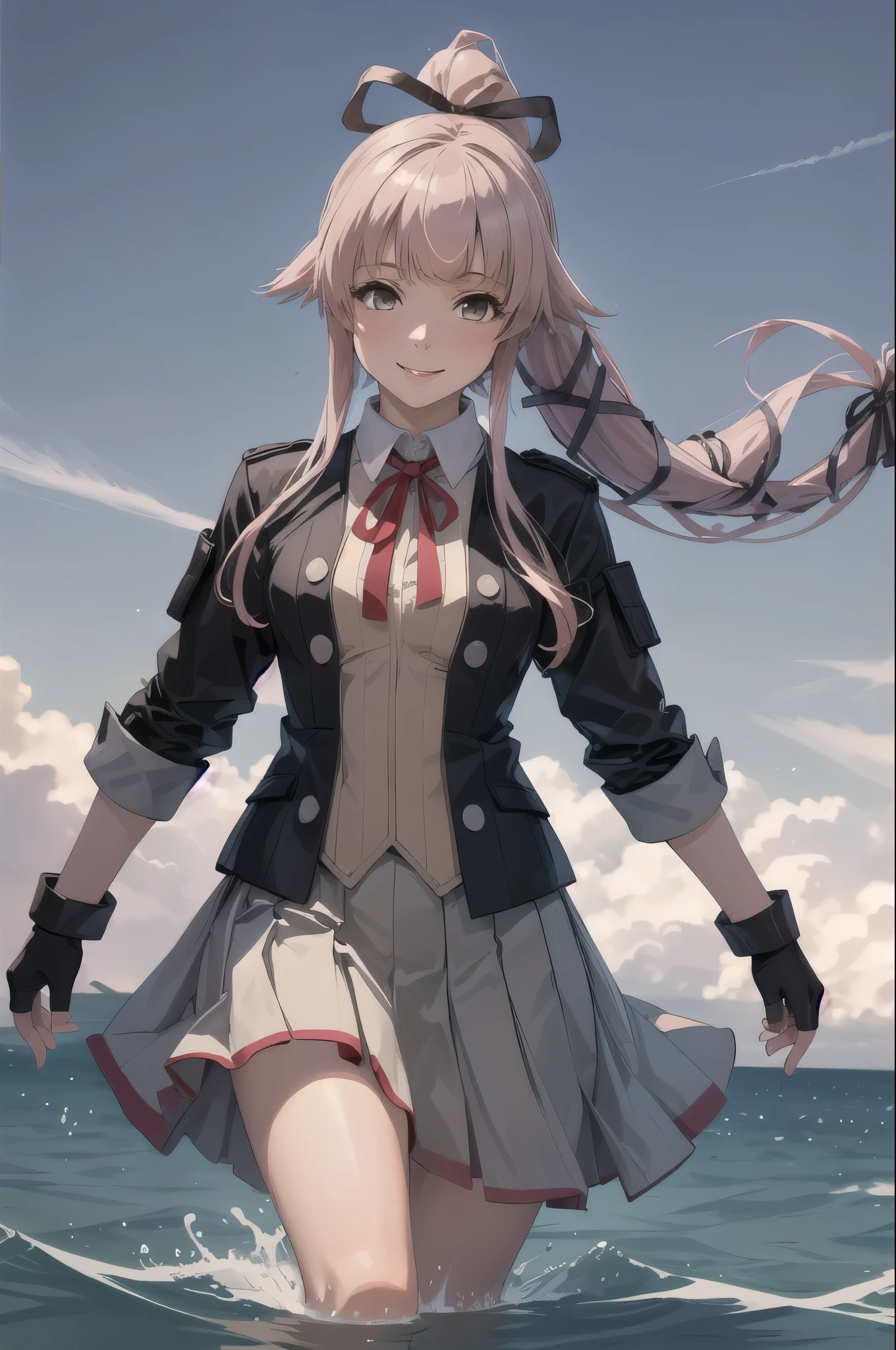 (masterpiece, Highest quality:1.2), alone, One girl, Yuradev, smile, View your viewers, Water Play, ponytail, Hair Ribbon, , Jacket, Seraphim, Neck ribbon, Black gloves, Partially fingerless gloves, Grey Skirt 