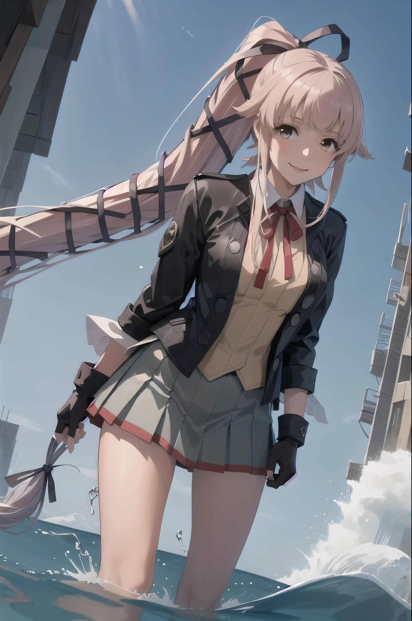 (masterpiece, Highest quality:1.2), alone, One girl, Yuradev, smile, View your viewers, Water Play, ponytail, Hair Ribbon, , Jacket, Seraphim, Neck ribbon, Black gloves, Partially fingerless gloves, Grey Skirt 