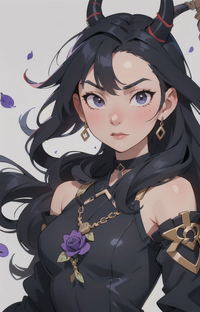 Seven Rhaeyar (Deylta), Ancient Star goddess, Perfect female anatomy (Royalty, Adult Female, 166cm in height, Cool pale skin, slim, slender, 34D breast size, Long Jet Black Hair, Gray Colored Iris , a set of Jet black colored horns on her head), Neutral facial expression, Elegant black uniform dress, female choker accessory with silver complimentary jewelry, dragon motifs, Black rope accessories, Simple Background, receiving light from the front, the focal point is her face, Ethereal glow, Blue Rose petals falling, Japanese inspired, bring her very close up, face image, detailed features, high quality resolution, shoulder up portrait,  Black Katana with dragon motifs, Black rope accessories and blue rose references