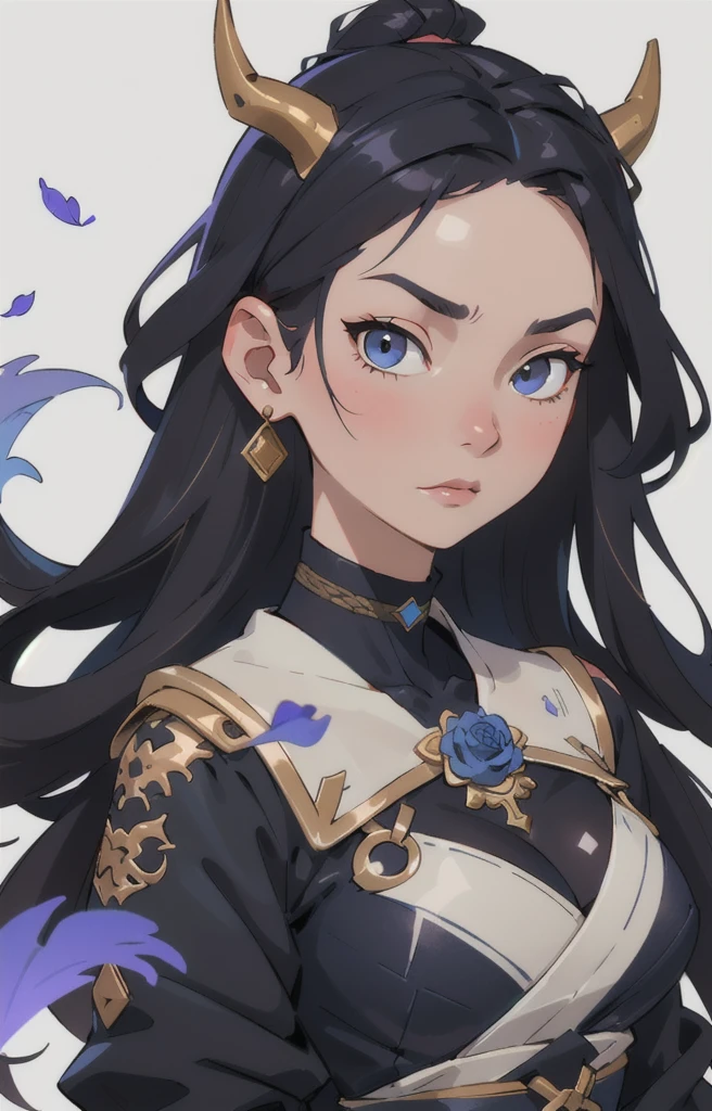 Seven Rhaeyar (Deylta), Ancient Star goddess, Perfect female anatomy (Royalty, Adult Female, 166cm in height, Cool pale skin, slim, slender, 34D breast size, Long Jet Black Hair, Gray Colored Iris , a set of Jet black colored horns on her head), Neutral facial expression, Elegant black uniform dress, female choker accessory with silver complimentary jewelry, dragon motifs, Black rope accessories, Simple Background, receiving light from the front, the focal point is her face, Ethereal glow, Blue Rose petals falling, Japanese inspired, bring her very close up, face image, detailed features, high quality resolution, shoulder up portrait, Black Katana with dragon motifs, Black rope accessories and blue rose references