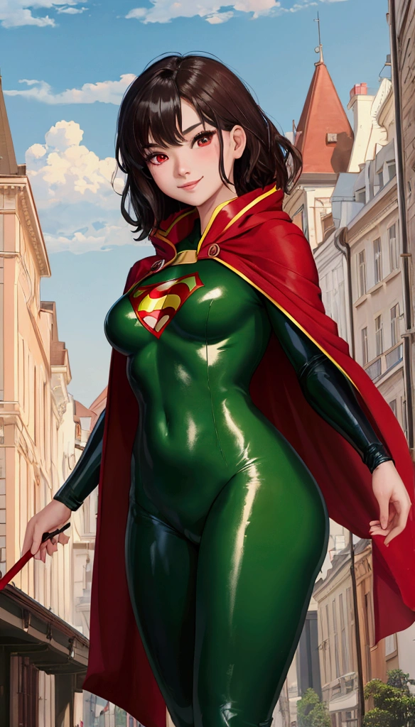 masterpiece, best quality:1.2), 1girl, asian girl, smile, looking at viewer, red eyes, green eyes, heterochromia, short dark brown hair, dressed as superwoman, full bodysuit, green white tricolor catsuit, red cloak cape, red boots, standing in Hungarian cityscape